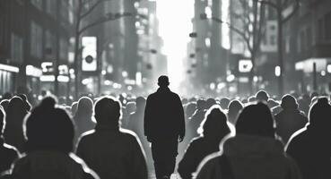 A silhouette of a person walking forward in a crowd. photo