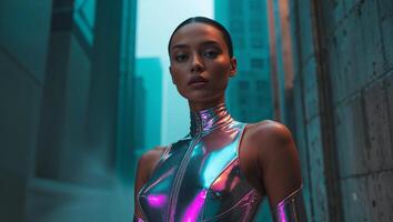 Model in futuristic metallic outfit posing under neon lights in an urban modern setting photo