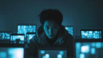 Individual engaged in focused digital work with glowing screens in a dimly lit environment during the evening hours. photo