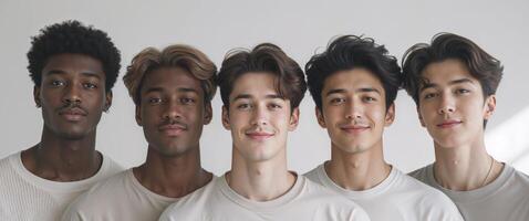 Four young men showing different skin tones posing together photo