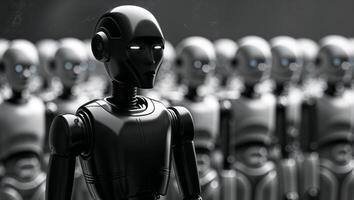 Black robot standing in front of other robots. photo