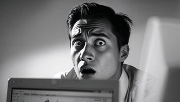 A man looking surprised while using a computer photo
