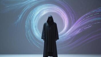 A person in a hooded robe standing in front of a swirling abstract background photo