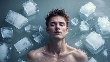 A man is floating in a pool of ice cubes photo