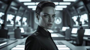 A woman in a black suit standing in front of a computer screen photo