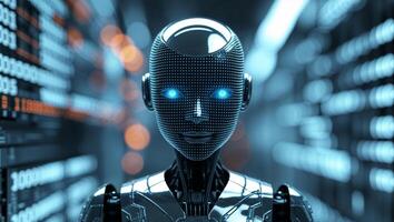 A robot with glowing eyes in front of a computer screen photo