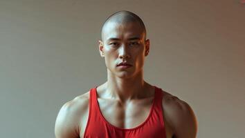 A man in a red tank top standing in front of a gray background photo