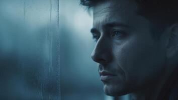 Man's Face Seen Through Misted Window at Night photo