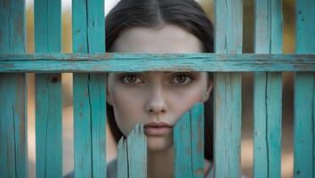 Mysterious Female Eyes Peeking Through Turquoise Wooden Fence with Intense Gaze photo