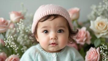 Cute Baby Girl with Floral Background and Soft Knit Sweater. photo