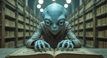 Curious alien studies an ancient book in a dimly lit library filled with knowledge and mysteries. photo