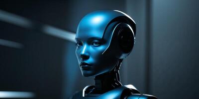 Unique robot featuring a blue light illuminating its face in a dimly lit environment with a futuristic aesthetic photo