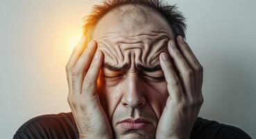 Man suffering with burning head and closed eyes touching his face with hands. photo