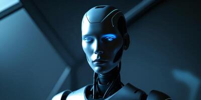Unique robot featuring a blue light illuminating its face in a dimly lit environment with a futuristic aesthetic. photo