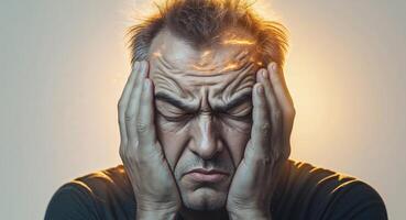 Man suffering with burning head and closed eyes touching his face with hands photo