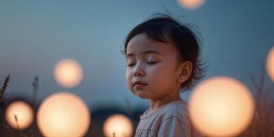 Child with closed eyes surrounded by soft glowing lights creates a serene and dreamy atmosphere during a peaceful evening photo