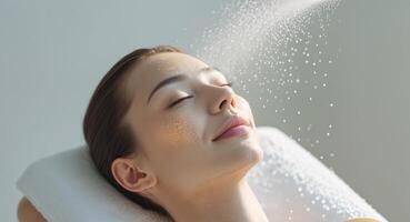 A rejuvenating oxygen facial treatment with fine mist spraying oxygen onto the clients face The mist creates a soft glow on her skin photo