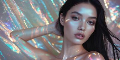 Beautiful model posing with iridescent background and light reflections. photo