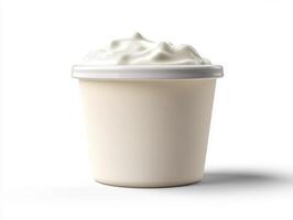 Creamy whipped topping in a plain container on a white background photo