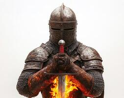 Knight in armor with flaming sword standing against plain backdrop photo