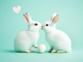 Cute white rabbits sharing a moment with an egg on a pastel background photo