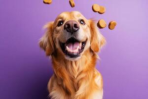 Golden retriever enjoying treats against a purple background photo