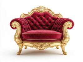 Luxurious red and gold ornate chair with tufted upholstery photo