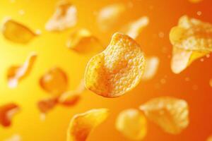 Crispy potato chips floating against a vibrant orange backdrop photo