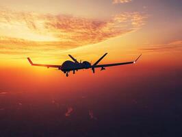 Drone flies through sunset over horizon creating a dramatic view photo