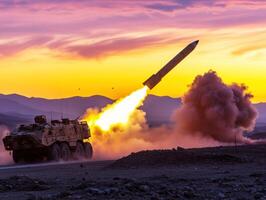 Military vehicle launching missile during sunset in training exercise photo