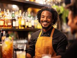 Bartender serves customers in a lively bar atmosphere during night photo