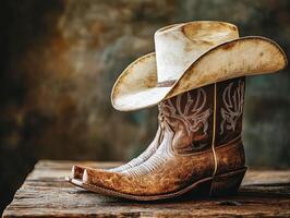 Rustic cowboy boots and hat displayed on wooden surface photo