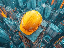 Bright yellow hard hat resting on skyscraper under construction photo