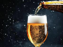Refreshing beer being poured into a glass with bubbles and foam photo