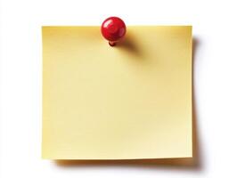 Sticky note with red push pin on white background photo