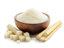 Sugar in a wooden bowl with sugarcane nearby photo