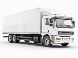 Large white delivery truck parked on a clean surface photo