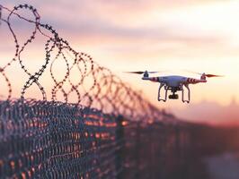 Drone flying near barbed wire fence at sunset in an open area photo