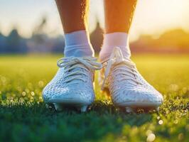 Soccer player prepares for action on the green field at sunset photo