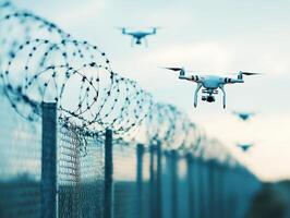 Drones flying near barbed wire fence in an open area photo