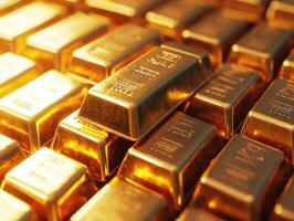 Gold bars stacked securely in a bright vault photo