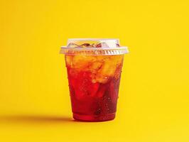 Refreshing iced tea in a cup against a bright yellow backdrop photo