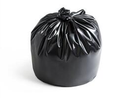 Black garbage bag filled with waste in a clean environment photo