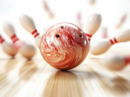 Striking moment in bowling alley with colorful ball and pins photo