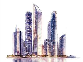 Modern city skyline showcasing innovative architecture at sunset photo
