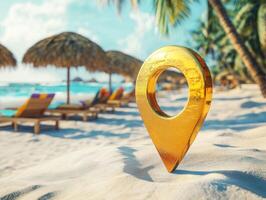 Location marker stands on sandy beach with lounge chairs nearby photo