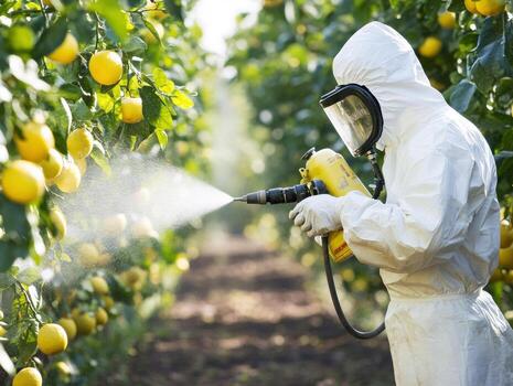 Worker sprays citrus trees during a sunny day in the orchard photo