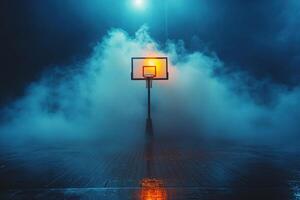 Basketball hoop illuminated in foggy night setting photo