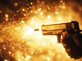 Dramatic moment of a gun firing, capturing vibrant sparks photo
