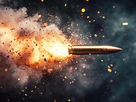 Bullet in motion with explosive smoke and sparks at night photo